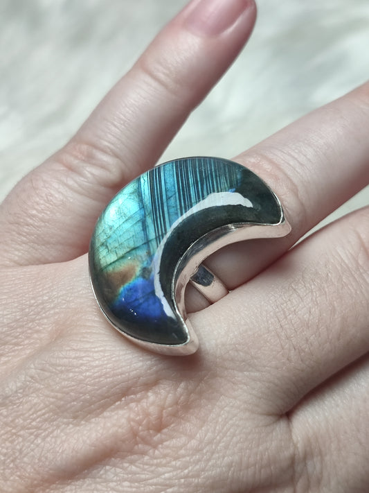 Anillo luna baño de plata con labradorita - Ajustable B23