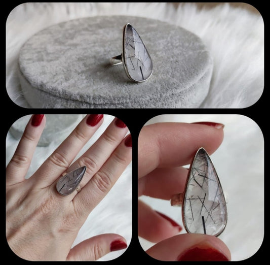 Anillo baño de plata con cuarzo turmalina