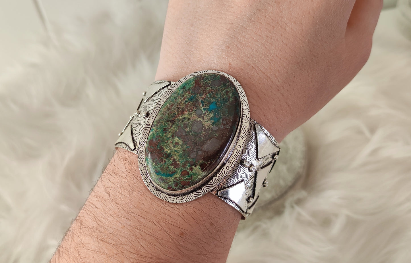 Brazalete ajustable baño de plata con azurita malaquita