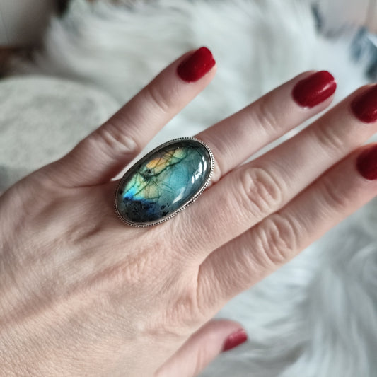 Anillo baño de plata con labradorita N°2