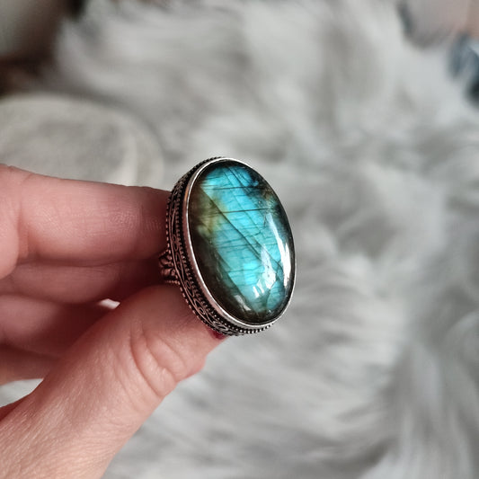 Anillo baño de plata con labradorita N°3