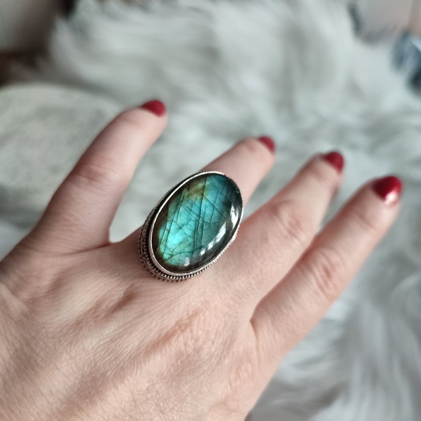 Anillo baño de plata con labradorita N°3