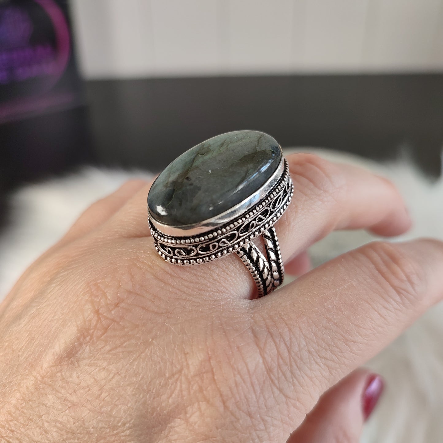 Anillo baño de plata labradorita flash