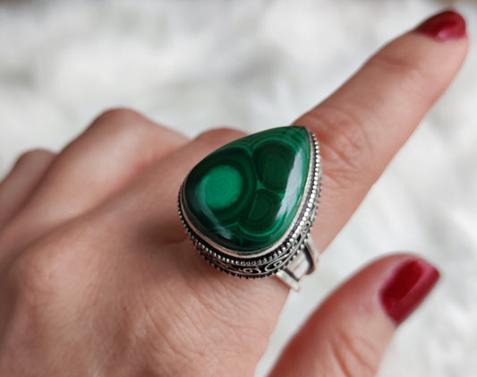 Anillo baño de plata con malaquita con ojos 👀👀