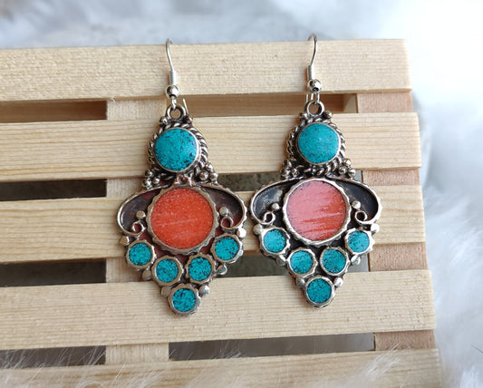 Pendientes baño de plata coral y turquesa