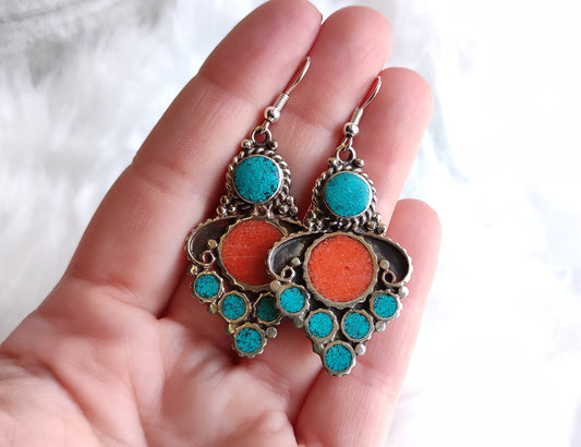 Pendientes baño de plata coral y turquesa