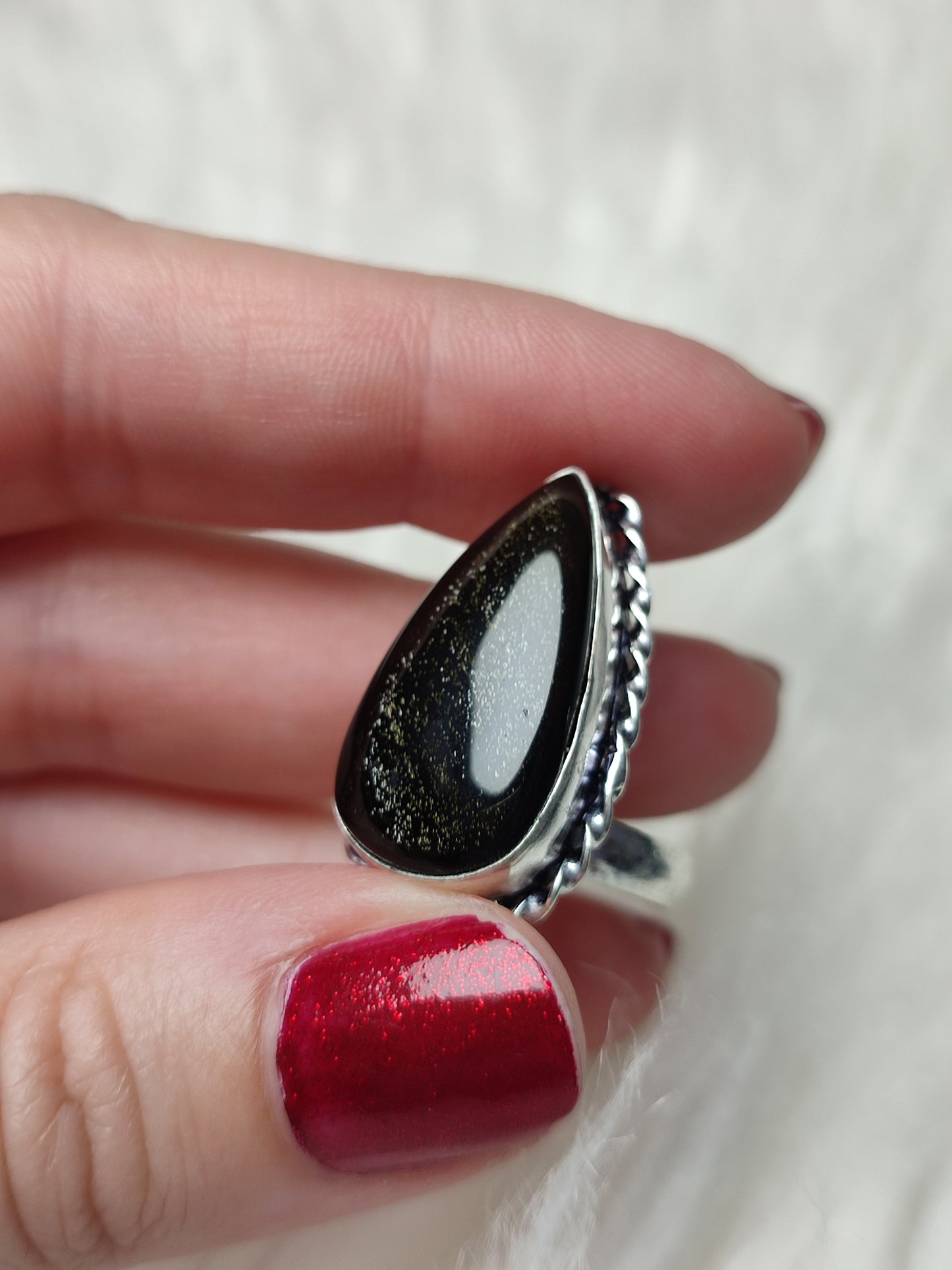 Anillo baño de plata con obsidiana dorada  - Ajustable 176