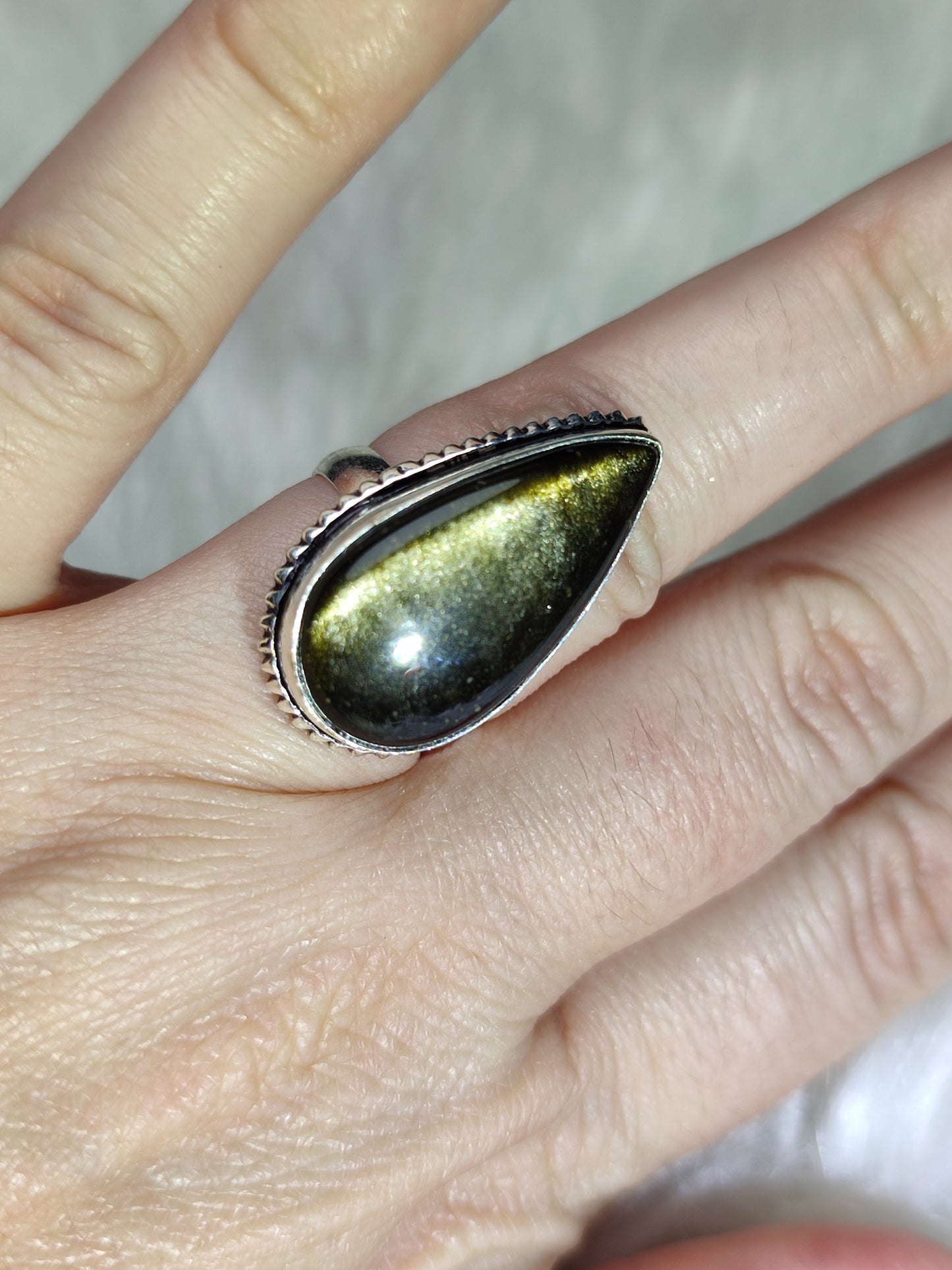 Anillo baño de plata con obsidiana dorada  - Ajustable 178