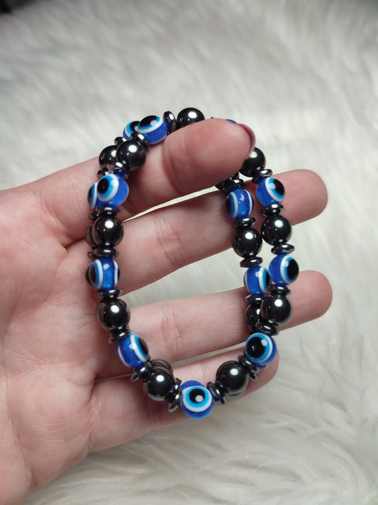 Pulsera elástica esferas 8 mm de hematite y cuentas cristal ojo Turco - Protección