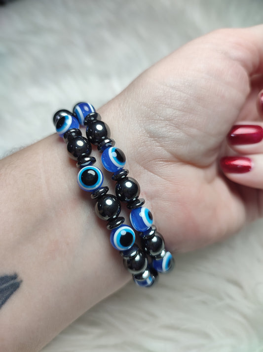 Pulsera elástica esferas 8 mm de hematite y cuentas cristal ojo Turco - Protección