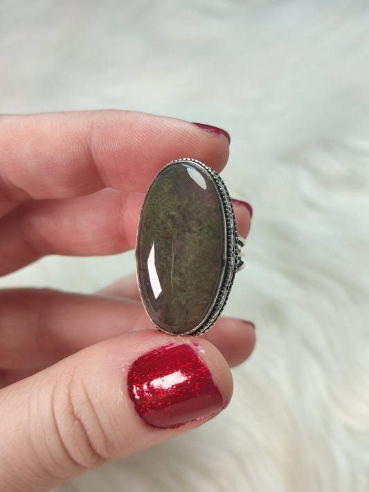 Anillo baño de plata con ágata musgo