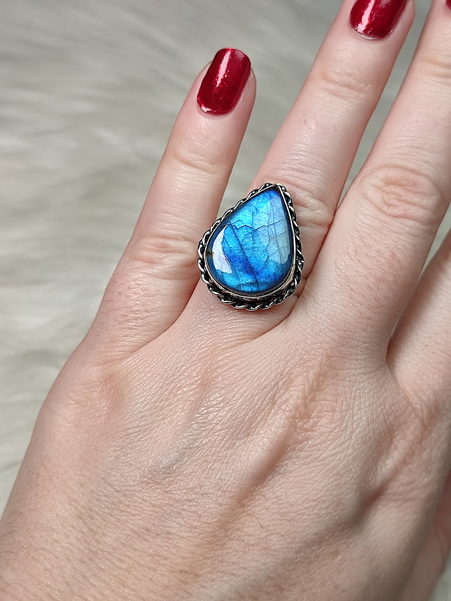 Anillo baño de plata con labradorita azul - Ajustable 205