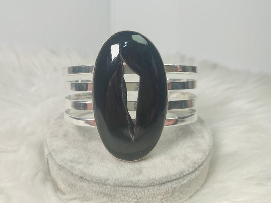 Maxi brazalete baño de plata  con ágata negra