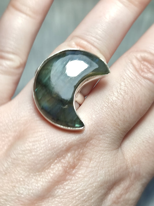Anillo luna baño de plata con labradorita - Ajustable 25