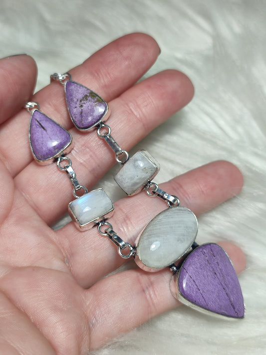 Gargantilla baño plata con stichita y piedra luna n°126