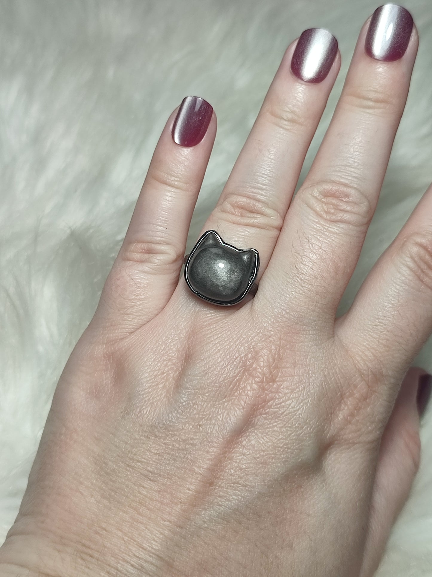 Anillo bisutería con obsidiana plateada - Ajustable  16 a 19 mm