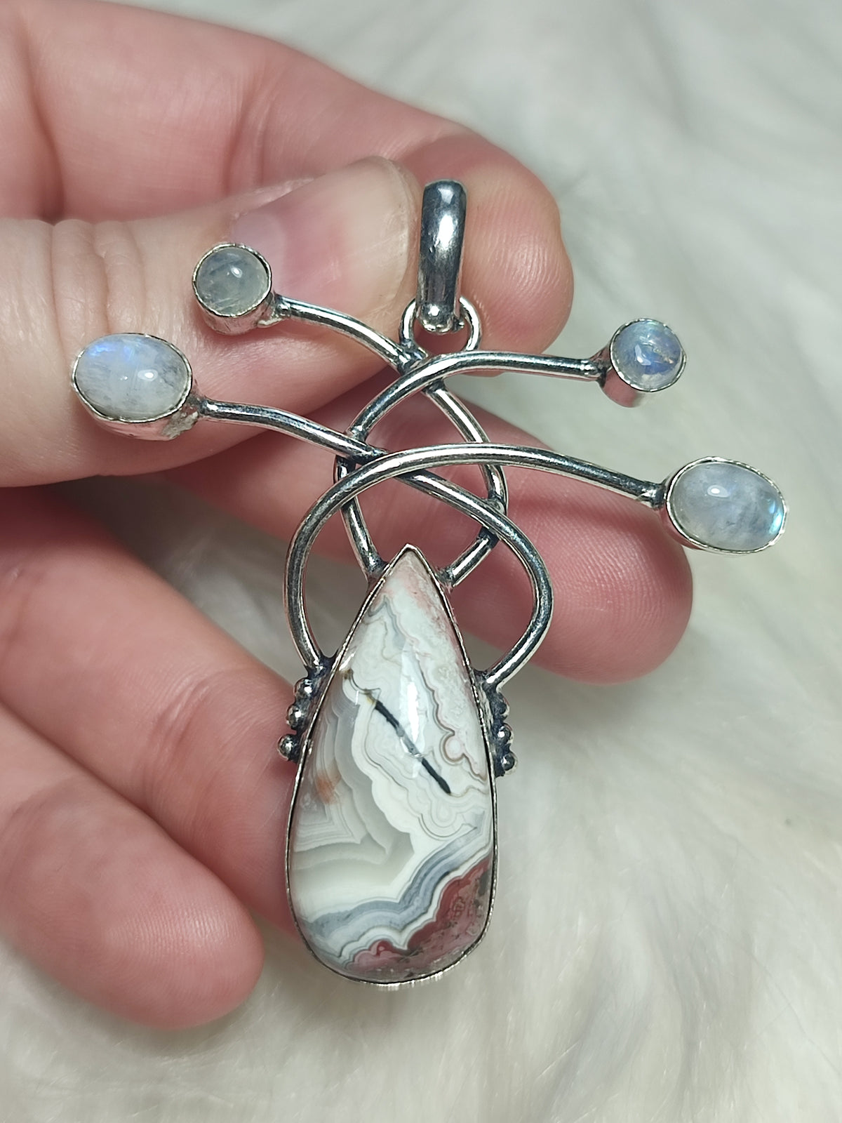 Colgante baño plata con ágata mexicana y piedra luna n° 101