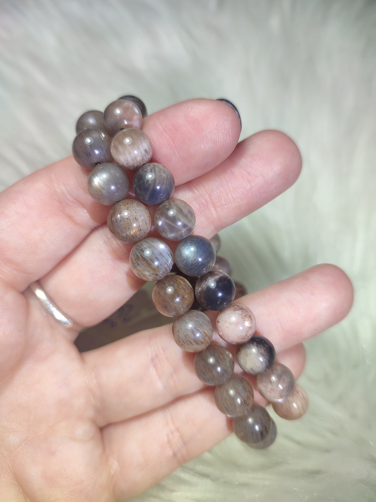 Pulsera elástica bolas 9 mm - Piedra Luna negra Latticce