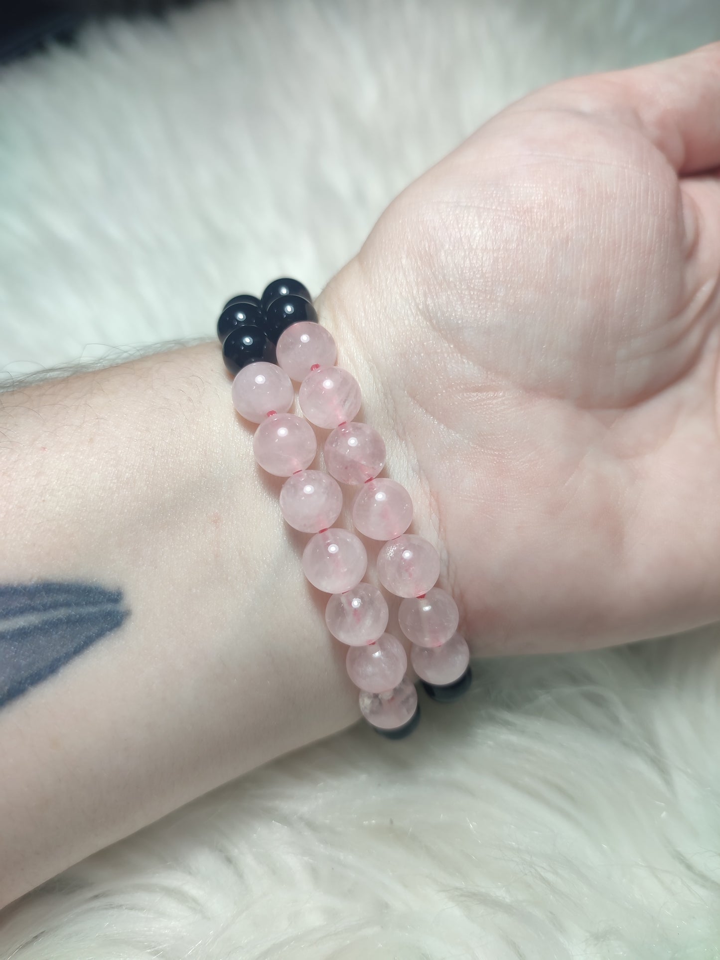 Pulsera elástica bolas 8 mm - Obsidiana y cuarzo rosa