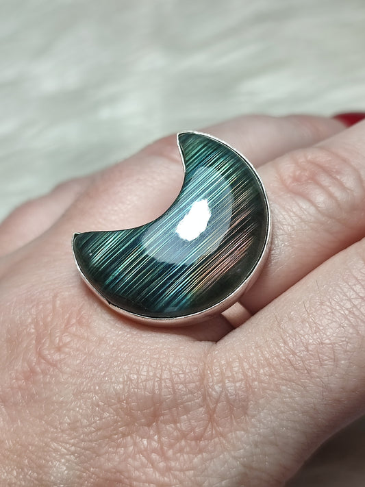 Anillo luna baño de plata con labradorita - Ajustable 501