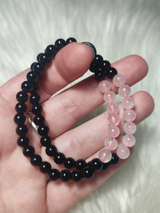 Pulsera elástica bolas 6 mm - Obsidiana y cuarzo rosa