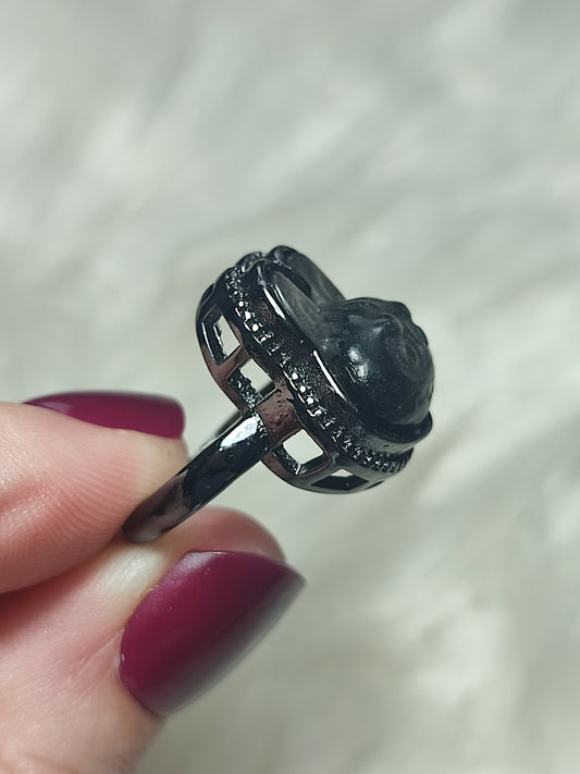 Anillo bisutería con obsidiana plateada - Ajustable  16 a 18 mm