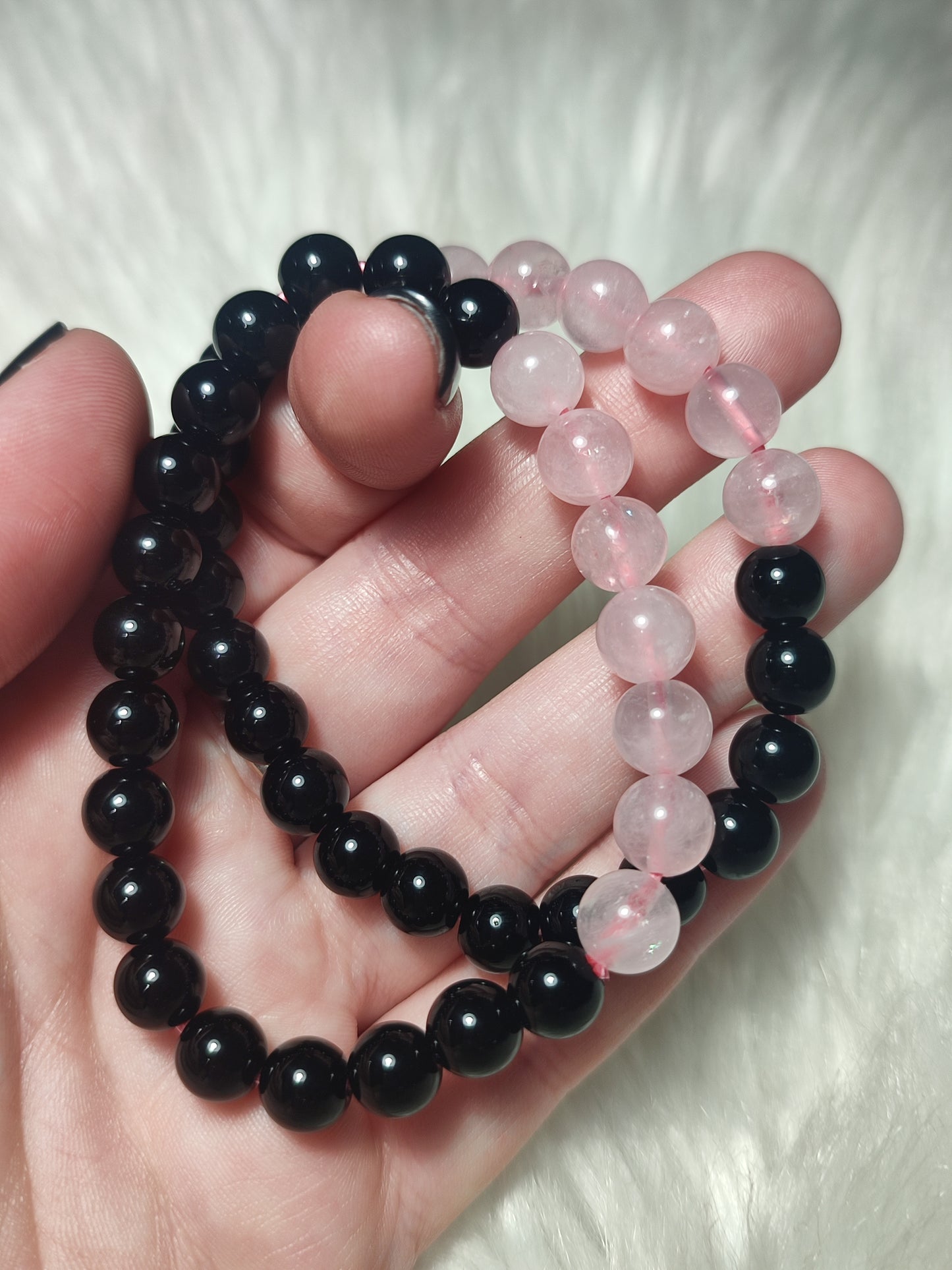 Pulsera elástica bolas 8 mm - Obsidiana y cuarzo rosa