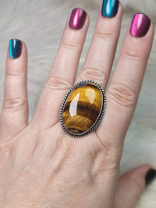 Anillo baño de plata con ojo de tigre N°12