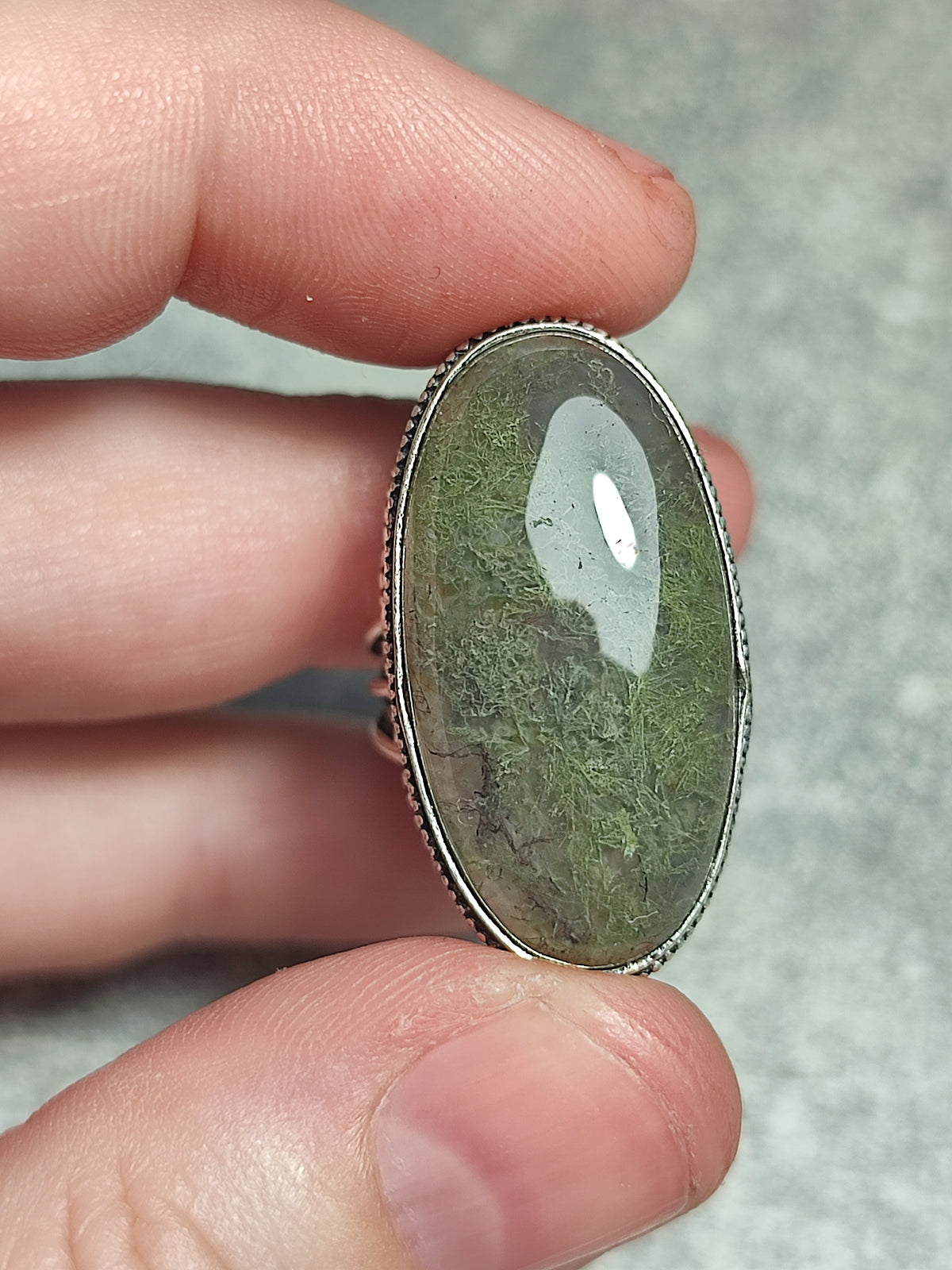 Anillo baño de plata con Agata musgo n°3
