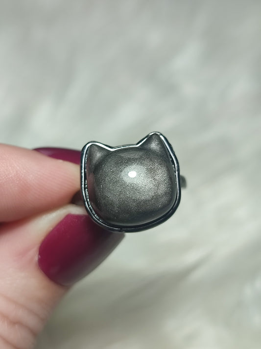 Anillo bisutería con obsidiana plateada - Ajustable  16 a 19 mm