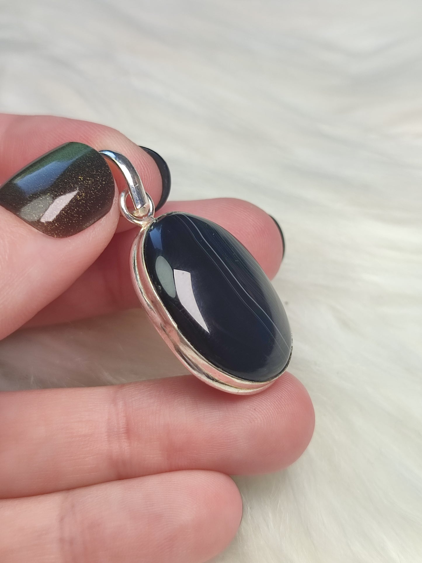 Colgante baño de plata con ágata negra bandeada  n°13