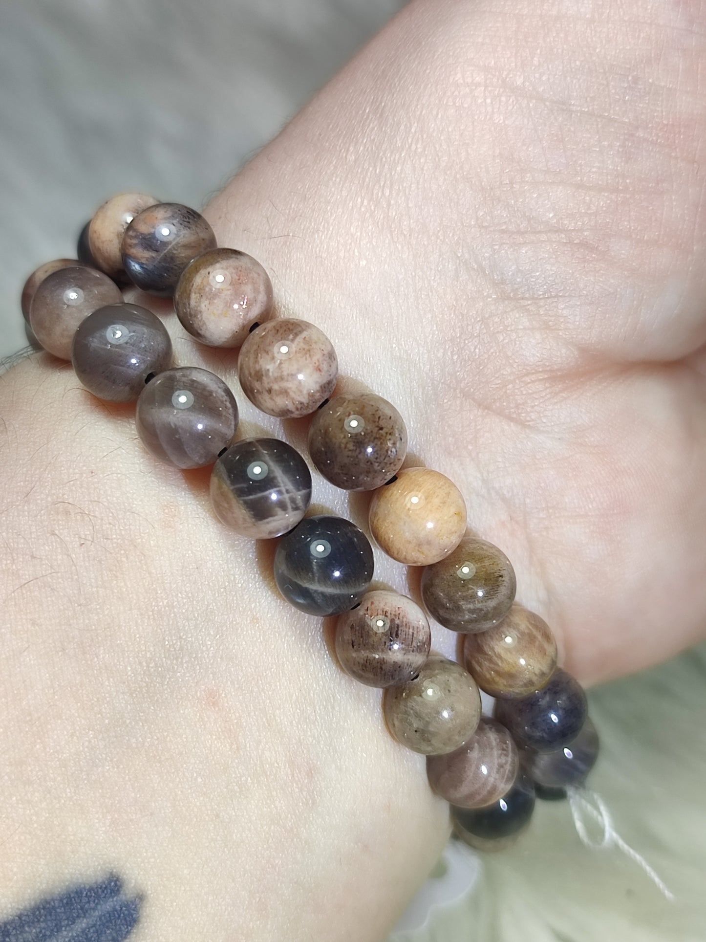 Pulsera elástica bolas 9 mm - Piedra Luna negra Latticce