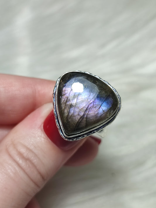 Anillo luna baño de plata con labradorita - Ajustable 114