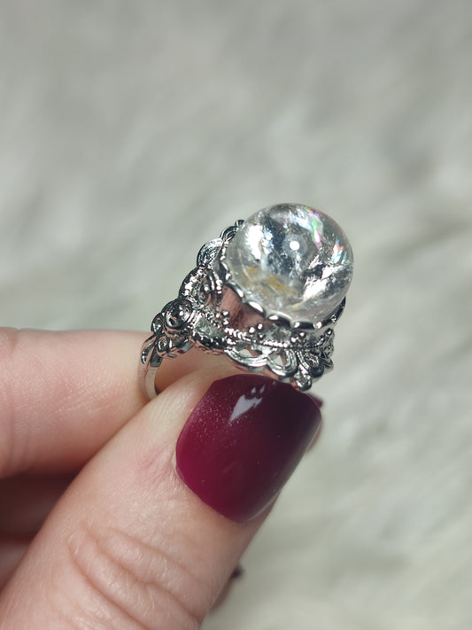 Anillo bisutería con cuarzo arcoiris- Ajustable  17 a 19 mm