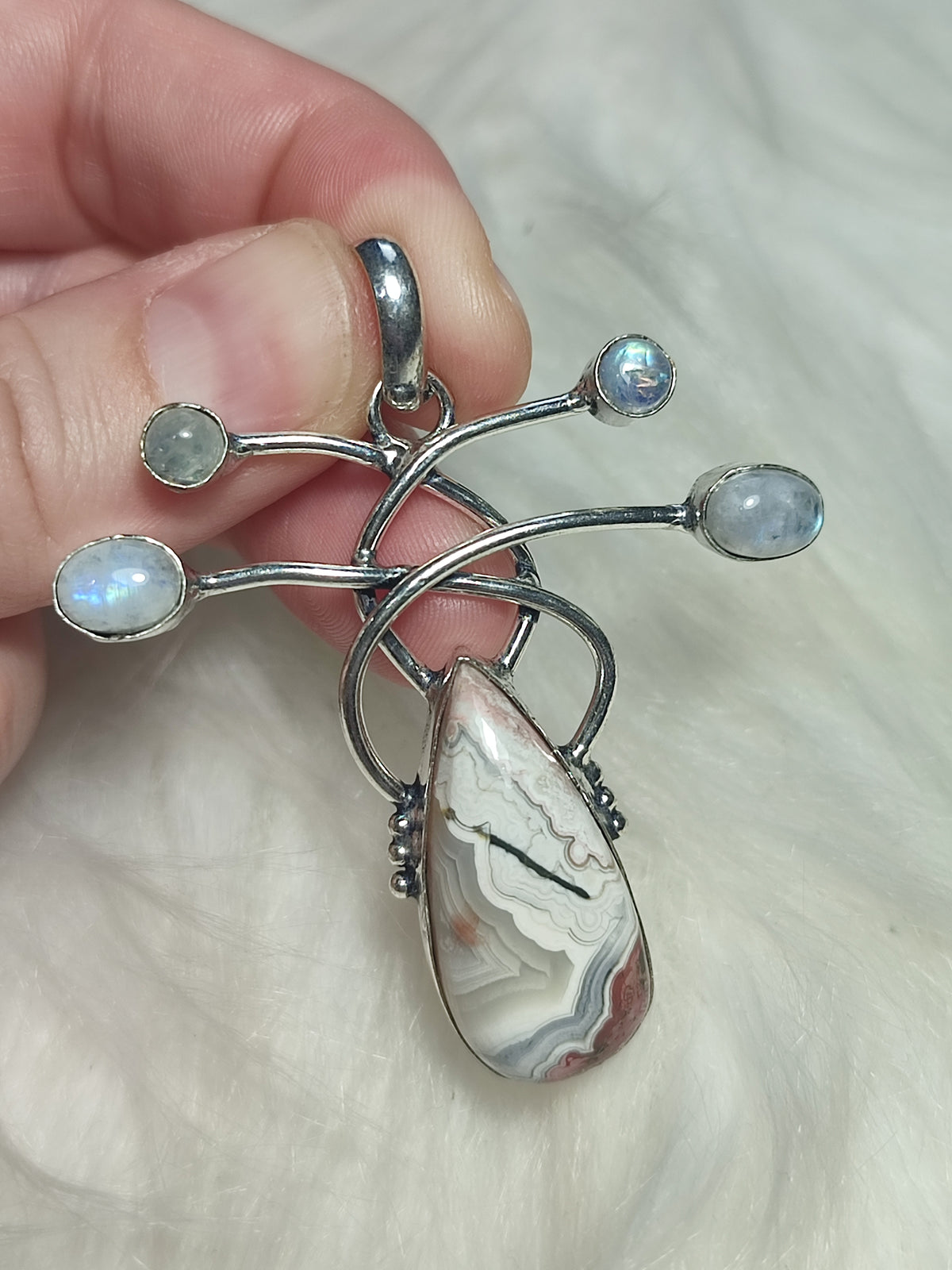 Colgante baño plata con ágata mexicana y piedra luna n° 101