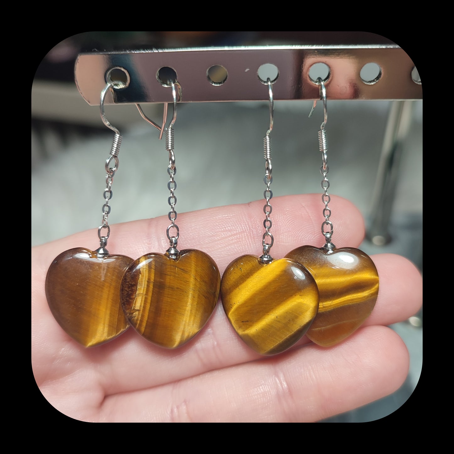 Pendientes largos ojo de tigre corazón - Bisutería