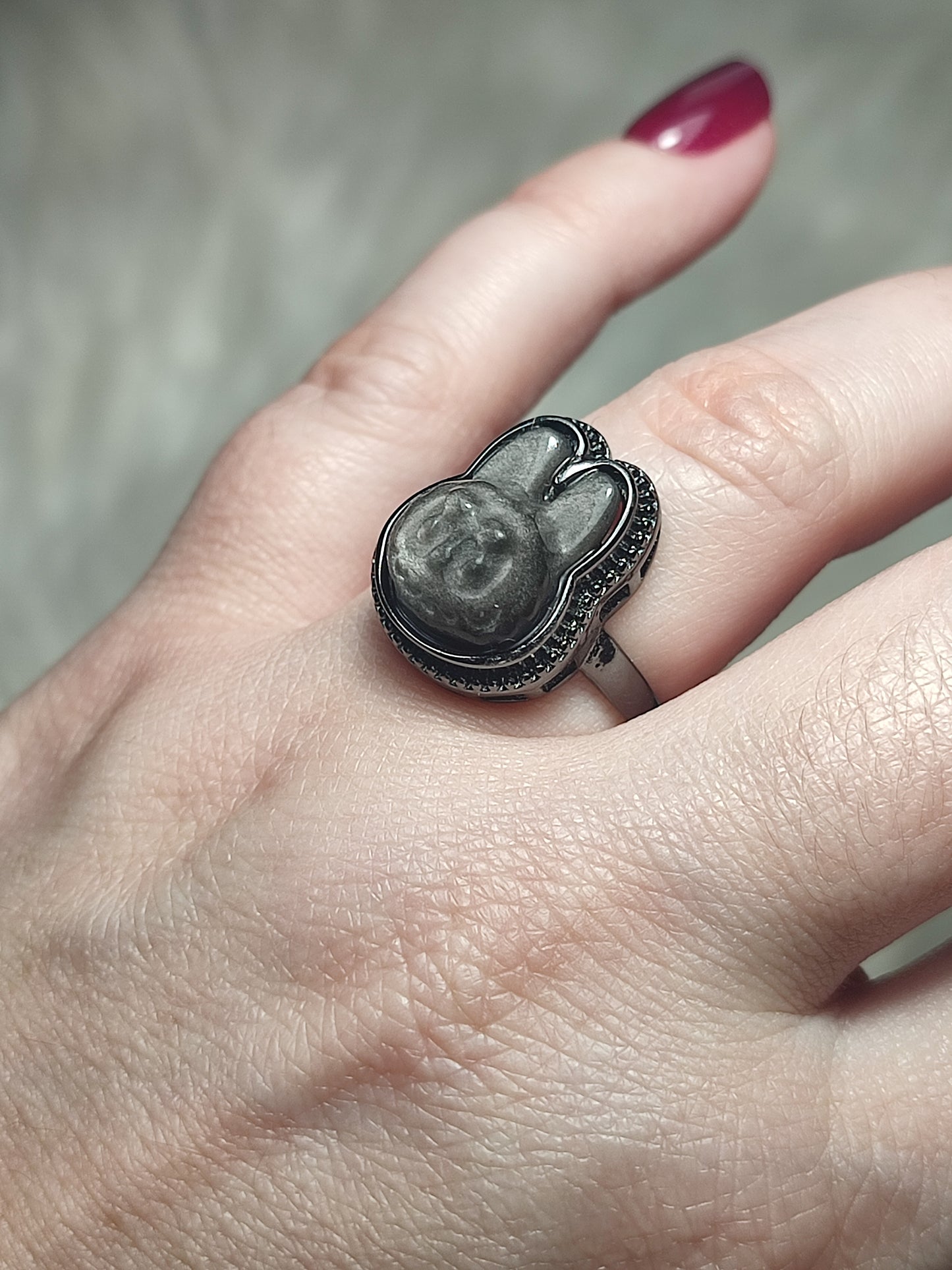 Anillo bisutería con obsidiana plateada - Ajustable  16 a 18 mm