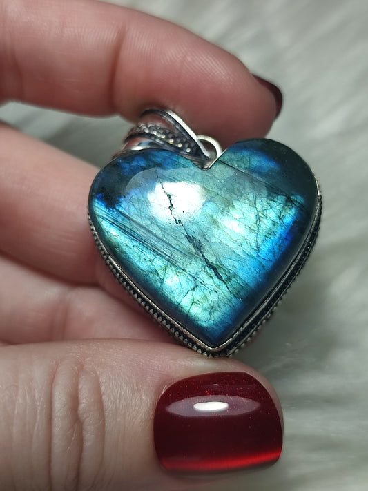 Colgante baño plata y Labradorita flash corazón n° 90