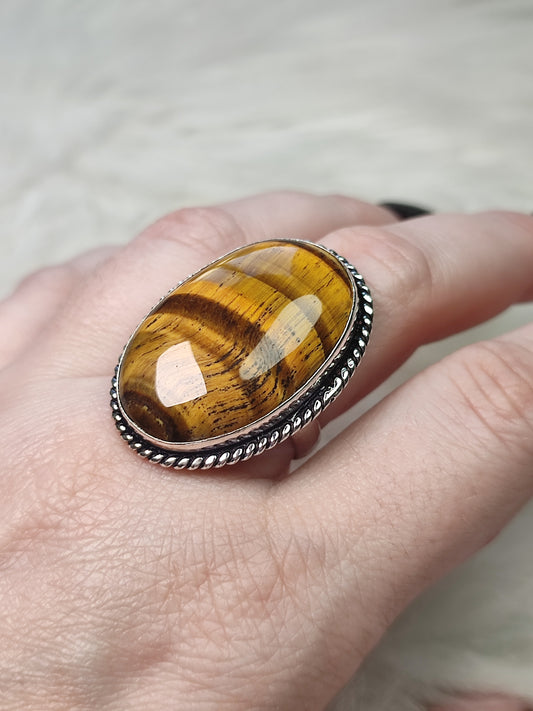 Anillo baño de plata con ojo de tigre N°12