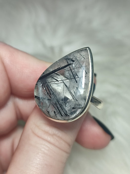 Anillo plata 925 con cuarzo con turmalina negra - ajustable n° 7