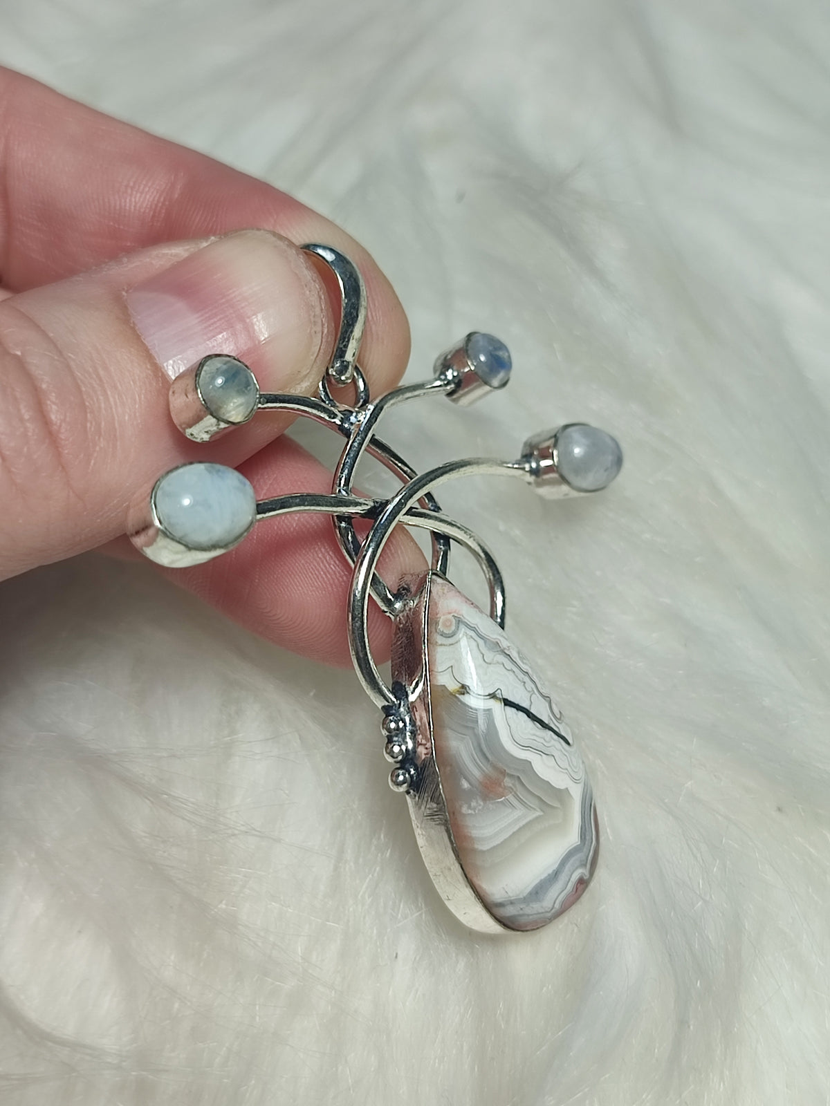 Colgante baño plata con ágata mexicana y piedra luna n° 101