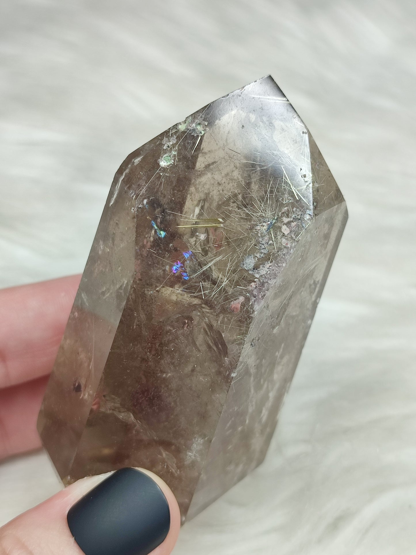 Punta cuarzo ahumado y rutilo con hematite n°15