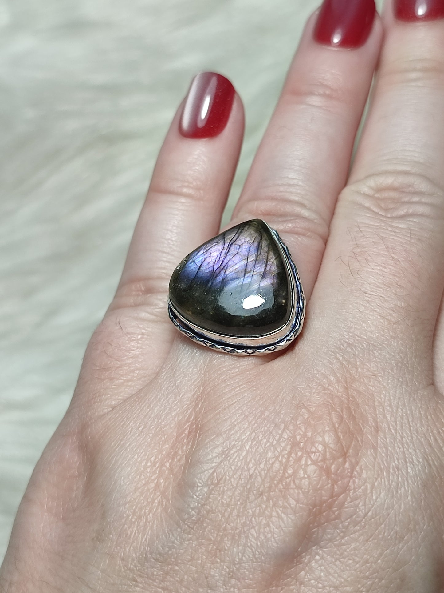 Anillo luna baño de plata con labradorita - Ajustable 114