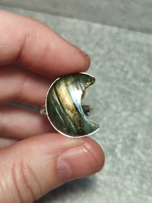 Anillo luna baño de plata con labradorita - Ajustable 16