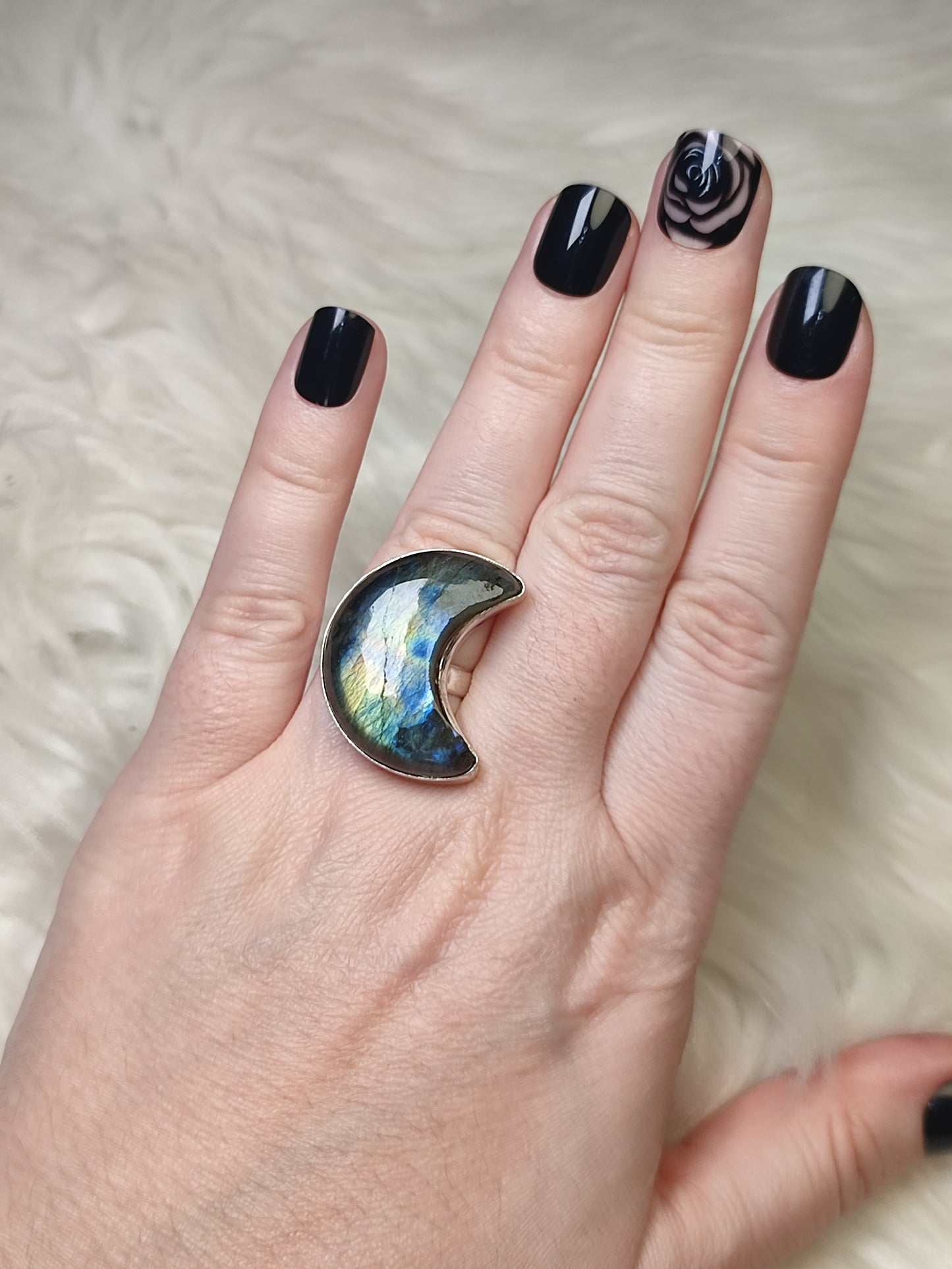 Anillo luna baño de plata con labradorita - Ajustable 202