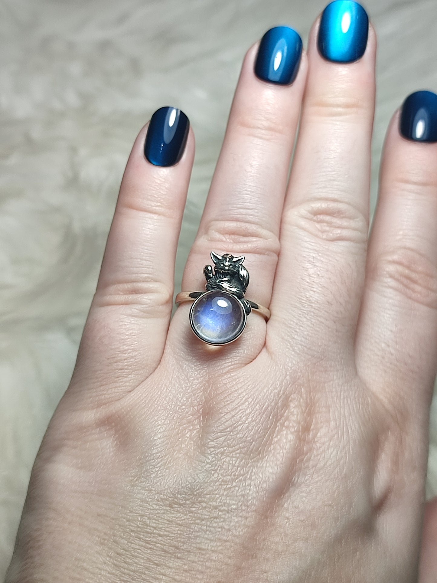 Anillo plata 925 con piedra luna kitsune  - ajustable n° 51